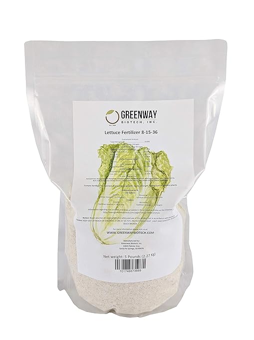 Greenway Biotech Inc. Lettuce Fertilizer Powder 8-15-36 Plus Trace Minerals and 100% Water Soluble Includes Essential Chelated Micronutrients for Healthy Plants (5 Pounds)
