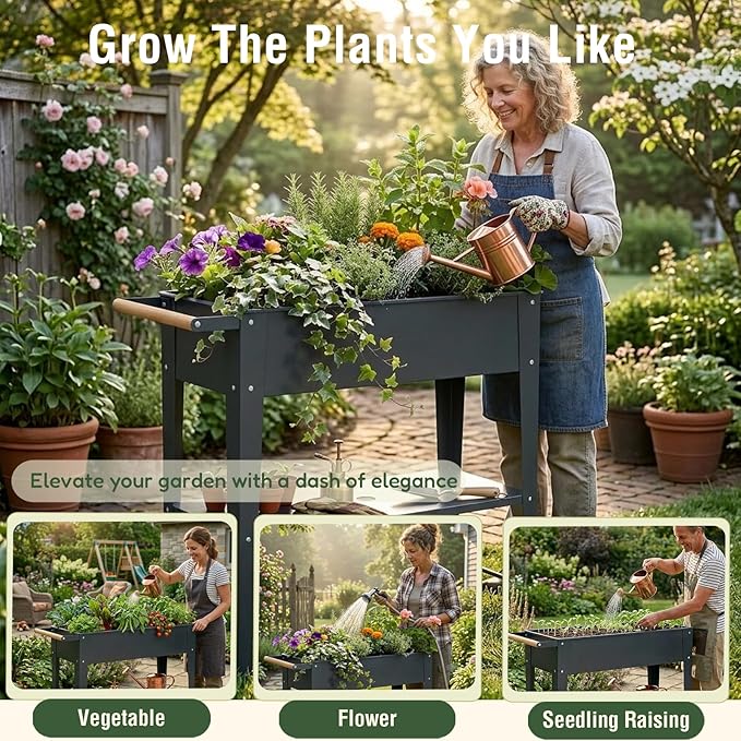Raised Garden Bed Outdoor with Wheels &amp Legs for Mobility Solid Lower Storage Shelf &amp Wooden Handle Metal Elevated Raised Planter Box for Backyard Balcony 400lb Cap.(Light Black 36 inch)