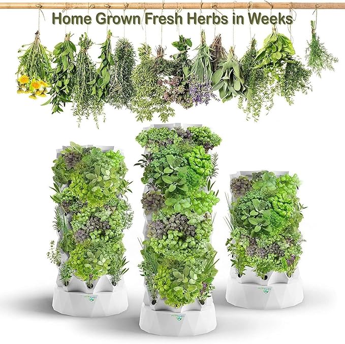 Hydroponics Tower Indoor Garden Hydroponic Growing System Soilless Cultivation Garden Tower Aeroponics Growing Kit for Herbs Fruits and Vegetables48holes