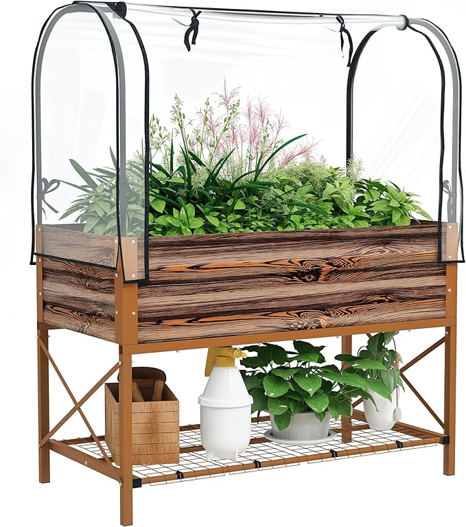 Outsunny Raised Garden Bed with Cover and Storage Shelf Rectangular Metal Elevated Planter Box with Legs and Bed Liner for Vegetables Flowers Herbs Dark Brown