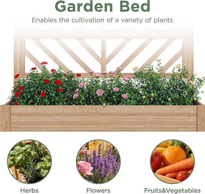Vabches Wooden Elevated Raised Garden Bed with Trellis47x24x55 in Planter Box with Legs and Storage ShelfFreeStanding Gardening Planter for Flower Herb Vegetable Fruit Climbing Vines