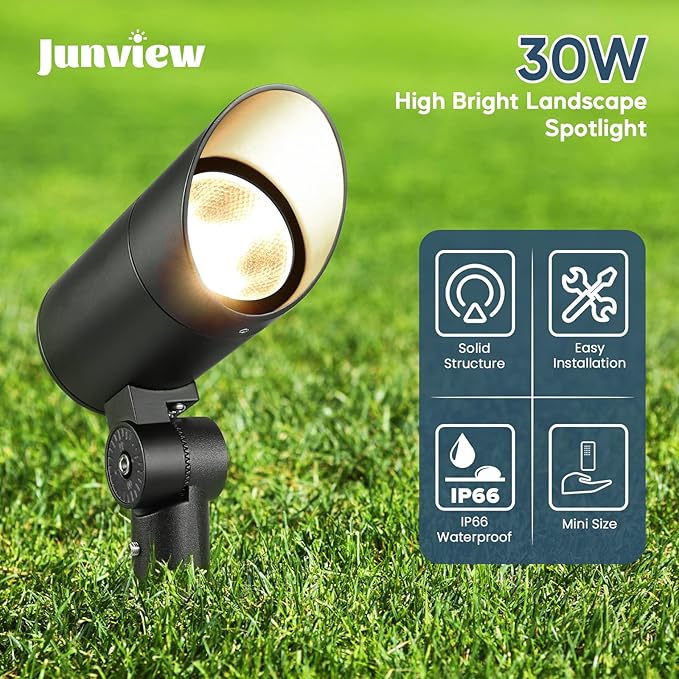 Junview 30W LED Spotlight Outdoor 120V Waterproof Spot Light 3000LM Ultra Bright Spot Lights Outdoor Warm White Landscape Lighting with 5FT Cord with Plug for Flag Pole Tree Yard Garden(2pack)
