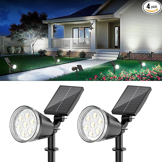 Solar Spot Lights Outdoor 1000LM Big Adjustable Solar Lights Outdoor Waterproof 2-in-1 Solar Powered Spotlights Landscape Lighting for Garden Yard Pathway Tree Flag (4P Cool White)