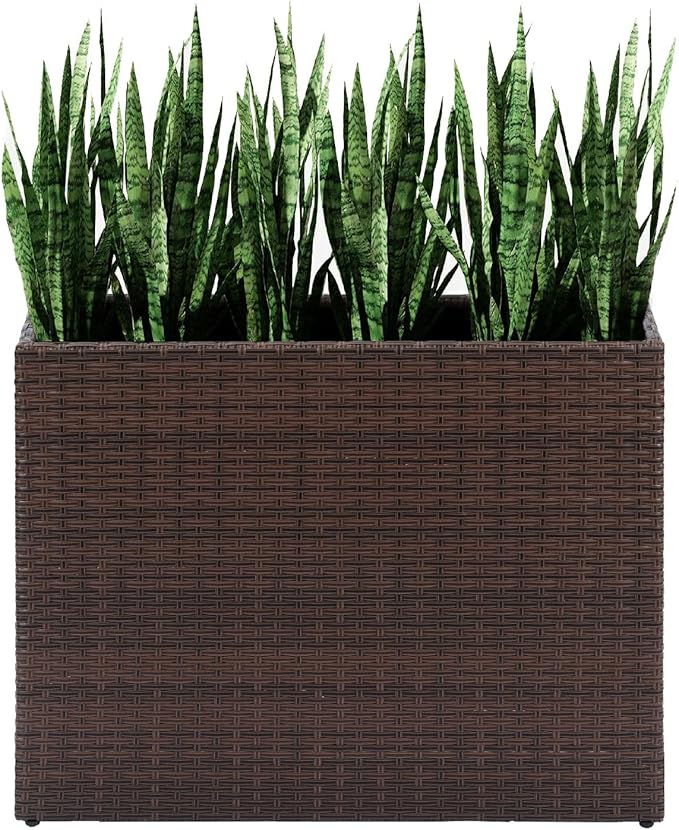 LEWIS&ampWAYNE Tall Planters for Outdoor Plants Handmade Wicker Large Rectangular Block Planter Box with Removable Liners Modern Planter for Indoor Outdoor Patio Deck - Brown