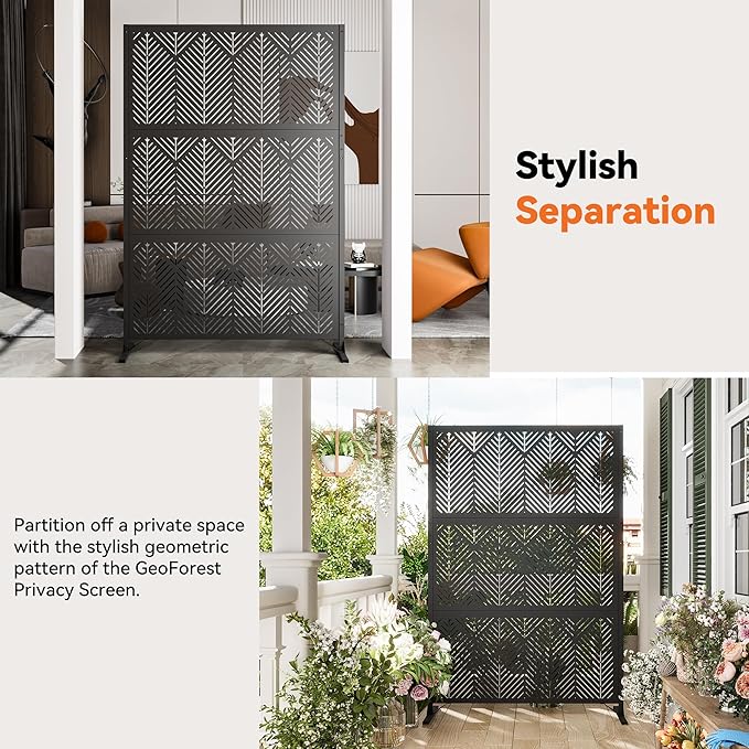 Modern Shade 4x6 FT Metal Privacy Screen with Artistic Modular Designs Decorative Patio Privacy Fence &amp Garden Divider Freestanding Outdoor Metal Fence Panel Weather-Resistant (Geo Forest)