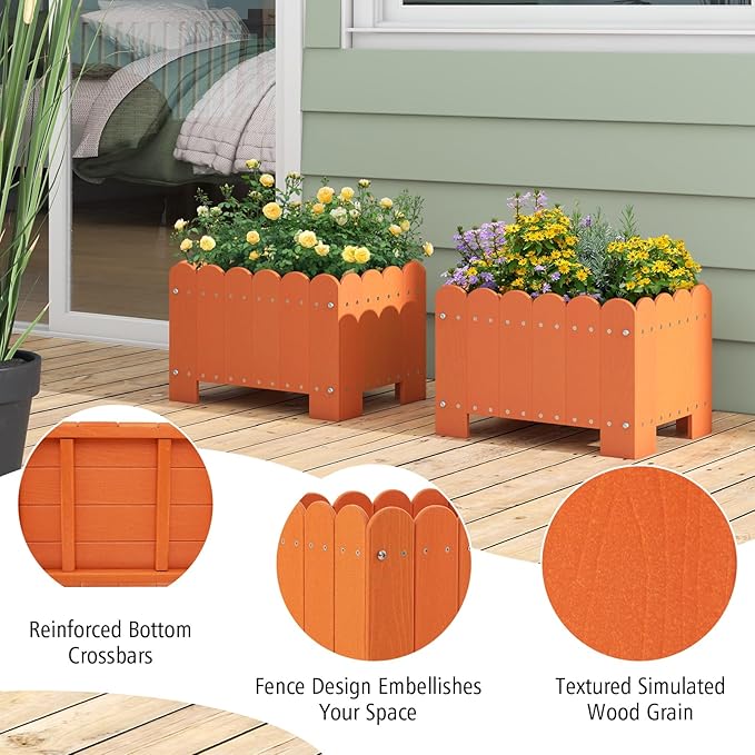Giantex 2 Pack Raised Garden Bed Weather-resistant HDPE Planter Boxes with Drain Gaps Rectangular Flower Pots for Vegetable Flower Fruit Plant Raised Beds for Front Porch Garden Balcony Orange