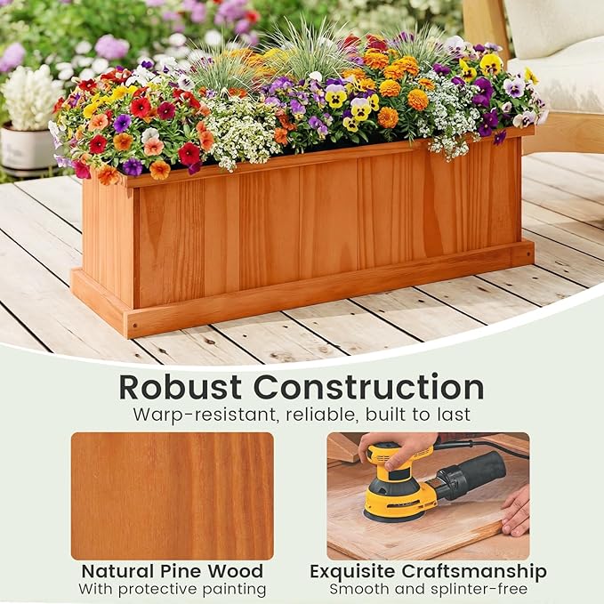 IRONMAX Wood Raised Garden Bed Outdoor Planter Box with Detachable Bottom Drainage Holes Protective Liner Rectangular Planting Bed for Yard Patio Balcony (Orange 28”x10”x10”)