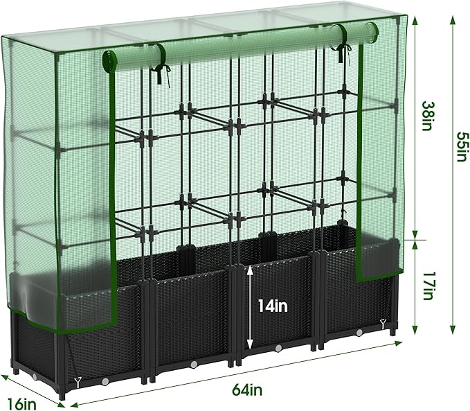 Onelike 64'' x 16'' x 55.5'' Plastic Raised Garden Bed with Greenhouse Cover and Trellis Vertical Tomato Planters for Climbing Plants Self Watering System Tomatoes Cage for PatioBlackLarge