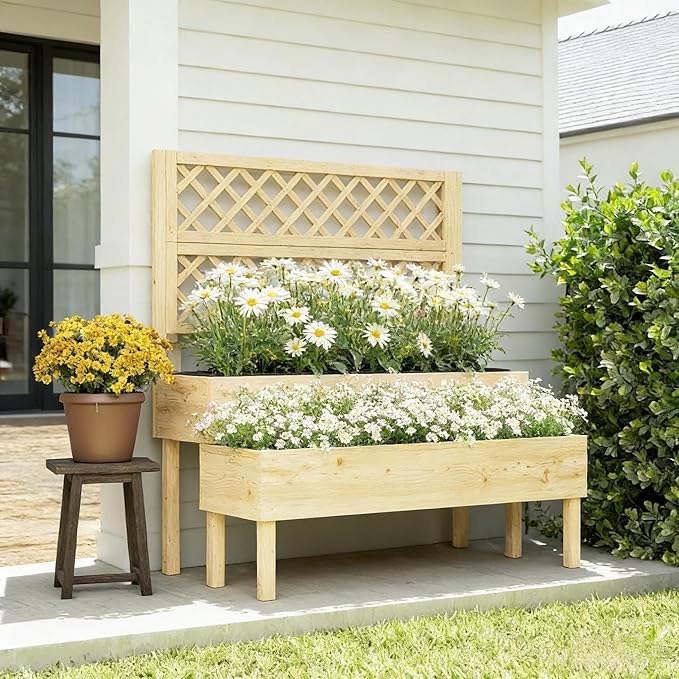 Planter with Trellis Raised Garden Bed for Seniors No Bending 42.5 Elevated Wood Planter for Back Pain Relief Decorative Privacy Screen Natural Fir