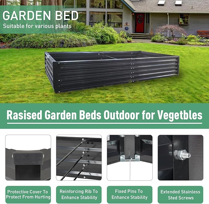 Metal Raised Garden Bed 8x4x1.5Ft Tall Outdoor Large Metal Galvanized Planter Boxes Kit for Vegetables Flowers and HerbsGarden Beds with 2Pcs Tomato Cage 1Pc GlovesBlack