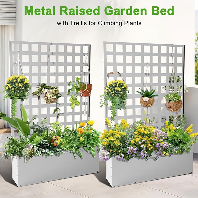 CABIHOME Metal Planter Box with Trellis Privacy Screen Galvanized Steel Modular Design for Climbing Plants Raised Garden Bed for Outdoor Patio Backyard &amp Garden Decor (White)