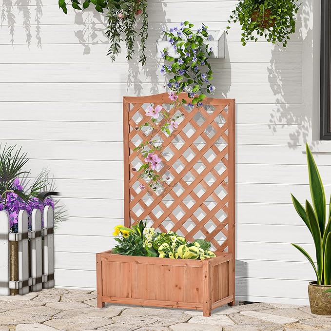 Wooden Raised Garden Bed with Trellis 46 Planter Box to Grow Vegetables Herbs and Flowers for Backyard Patio Brown