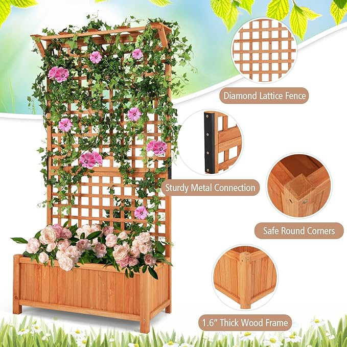 MAT EXPERT Raised Garden Bed with Trellis Lattice Panel with Hanging Roof Drainage Hole Planter Box for Flower Vine Elevated Outdoor Planter for Garden (2 35.5” x 17.5” x 72.5” (L x W x H))