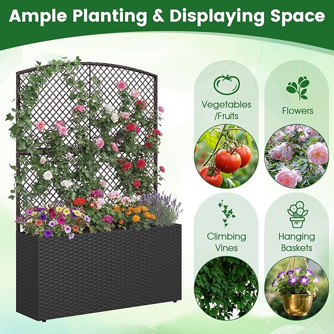 BECOMFORT 58”H Raised Garden Bed with Trellis Tall Wicker Planter Box with Privacy Screen Liner &amp Drainage for Balcony Yard PE Rattan Outdoor Flower Box for Climbing Plants Vegetables &amp Fl