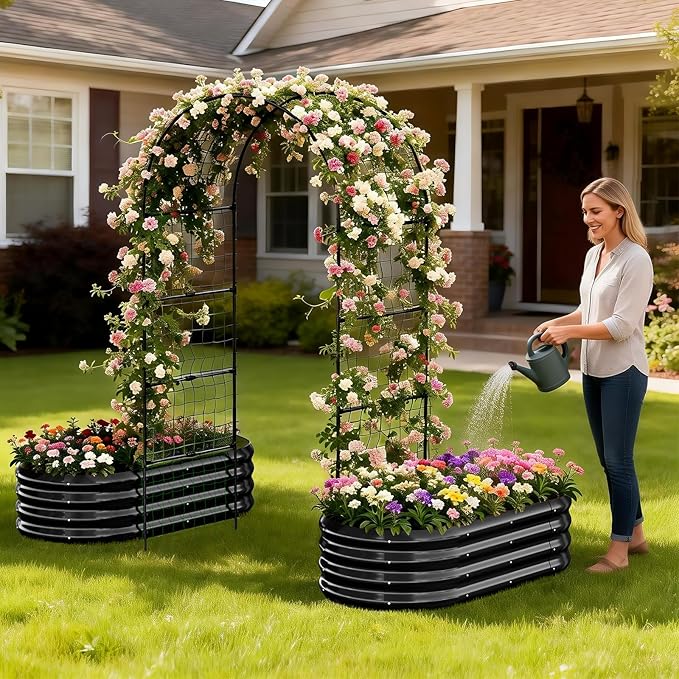 3 in 1 Galvanized Raised Garden Bed with 87 H Arch Trellis for Climbing Plants Outdoor Gardening Planter Box with Climbing Net for Flower Vegetables Fruits Herbs Black
