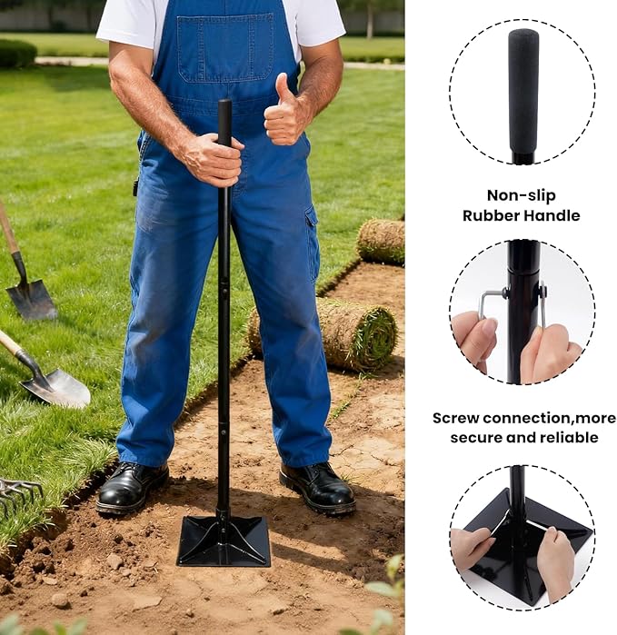 2-in-1 Garden Steel Tamper Set(8inch&amp10inch Steel Heads) with Adjustable Handle (Non-Slip Grip) – for Ground Gravel Driveway Paver &amp Blacktop Leveling/Repair