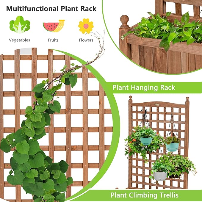 Giantex Set of 2 Mobile Plant Raised Bed Wood Planter with Lattice Trellis and Wheels Flower Box for Plant Climbing Vertical Garden for Balcony Patio Yard 25x11x 50