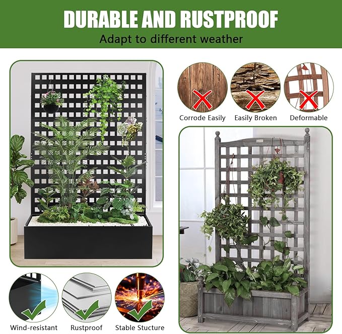 Metal Planter Box with Trellis 46''Lx18''Wx71''H Raised Garden Bed with Trellis for Climbing Plants with Privacy Screen Planter with Trellis &ampDrainage Holes Privacy Planters