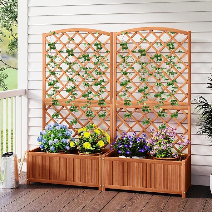 Raised Garden Bed with Trellis 30 x 14 x 10 Inch Large Planter Box Solid Acacia Wood Frame Slat Base 63” Tall Planter for Climbing Plants Flowers Outdoor Patio Balcony Backyard