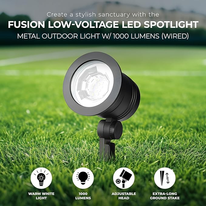 Four Seasons Courtyard Fusion Wired Low-Voltage LED Spotlight Metal Outdoor Patio Lawn Landscape Ground Stake Light with Adjustable Head 1000 Lumens Black