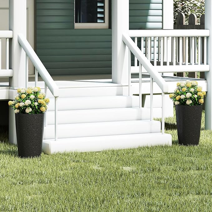 Giantex 21” Tall Plastic Planters Set of 2 Round Tapered All Weather Flower Pots with Drainage System Indoor Outdoor Stackable Decorative Plant Containers for Front Porch Home Garden (Black)