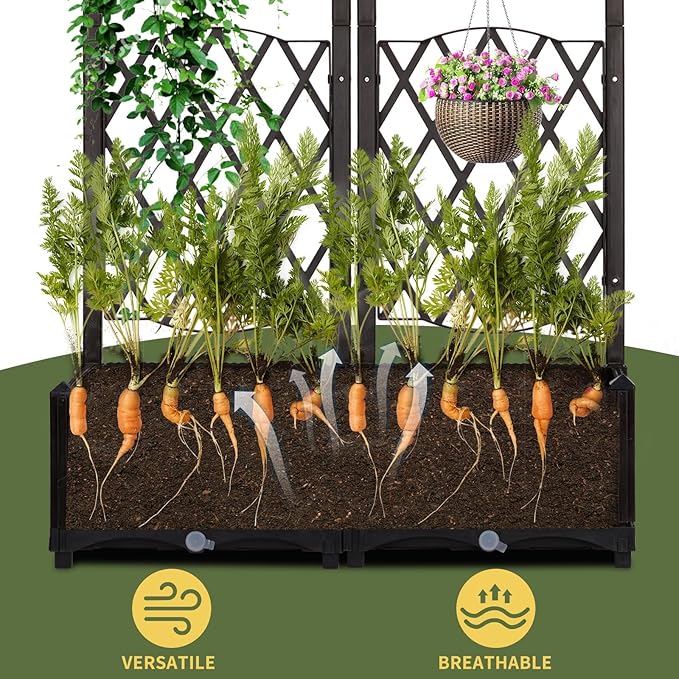 Raised Garden Bed with Trellis 48H Large Outdoor Planter Box for Climbing Plants UV-Resistant Wicker Elevated Garden Planter with Drainage Holes Suit for Flowers Vegetables Balcony or Patio