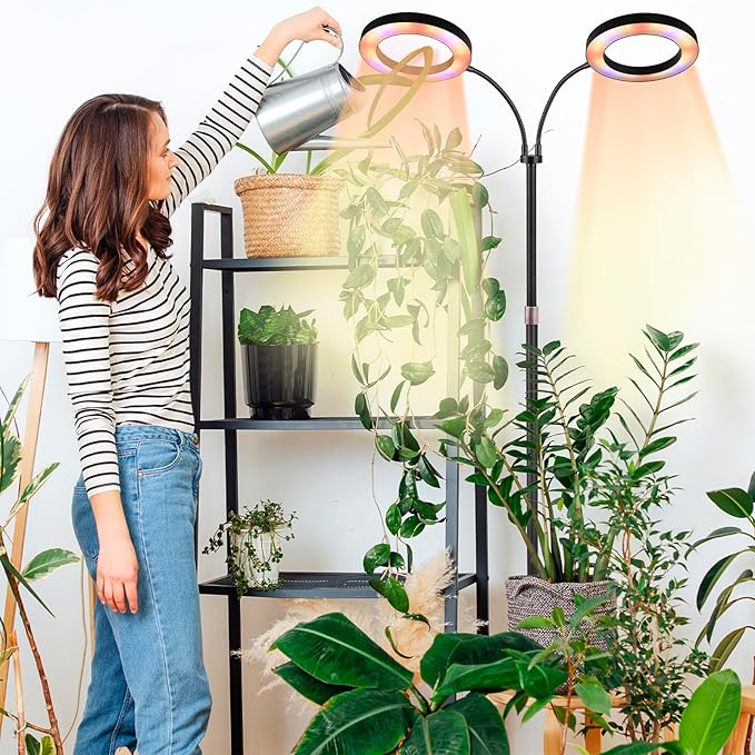 Dual-Head Grow Lights for Indoor Plants LED Full Spectrum Floor Plant Lamp with Timer 3/9/12H 10 Dimmable Levels Flexible Gooseneck Height Adjustable 23-67 for Large Houseplants