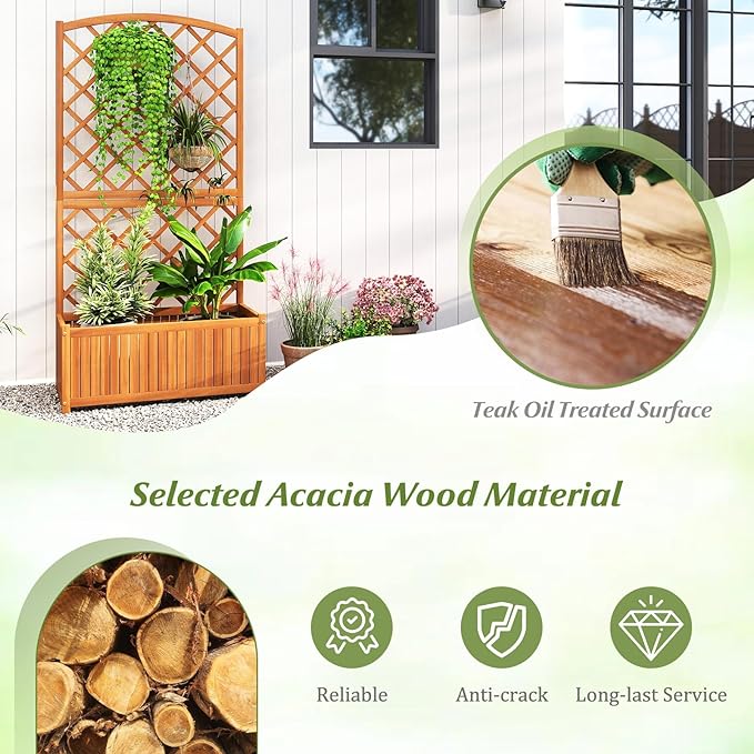 Giantex Solid Acacia Wood Planter Box with Trellis 63 Raised Garden Bed with Trellis Plant Box Slat Base Outdoor Privacy Planter for Vine Climbing Plants Flowers Garden Patio Balcony