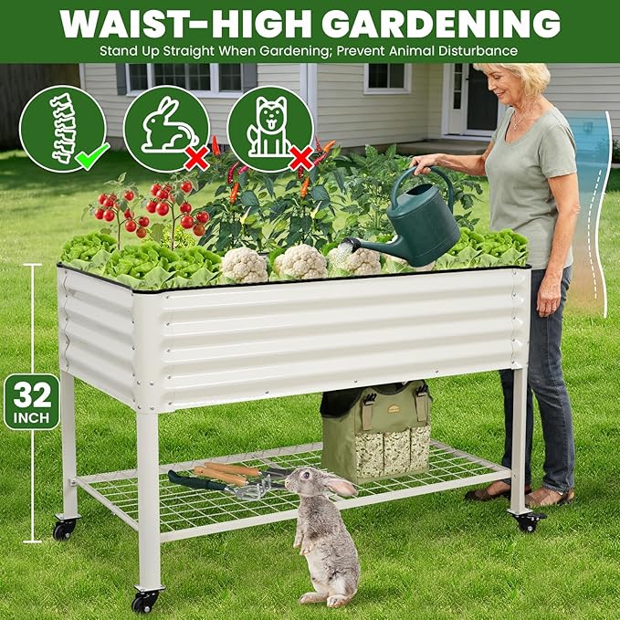 Elevated Raised Garden Bed 2' x 4' - Galvanized Planter Boxes with Legs Wheels and Storage Rack Outdoor Planters for Backyard/Patio/Balcony with Drainage Holes for Vegetables Flowers Herbs White