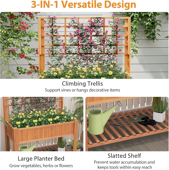 Giantex Raised Garden Bed with Trellis Wooden Elevated Planter Box with Legs Drainage Holes for Climbing Plants Vines Vegetables Flowers Herbs Outdoor Horticulture Planter for Patio Yard (Brown)
