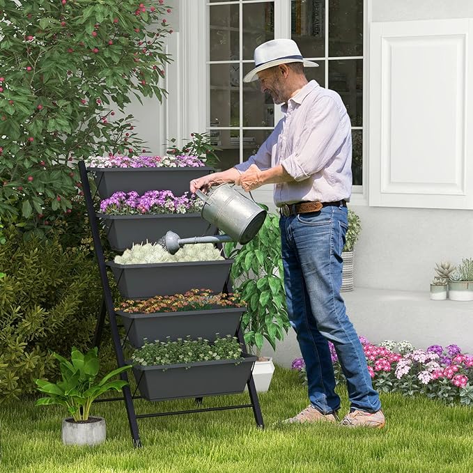 S AFSTAR 5-Tier Vertical Garden Planter Raised Garden Bed with 2 Lockable Wheels 7 Removable Planter Boxes Metal Frame Indoor Outdoor Elevated Planting Box for Flower Vegetables Fruit Herbs