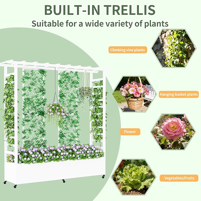 Raised Garden Bed with Trellis &amp Hanging Roof Weatherproof Metal Planter Box with Wheels Garden Arch Trellis for Outdoor Climbing Plants Vines Flowers 74 H x 77 L x 17 W White