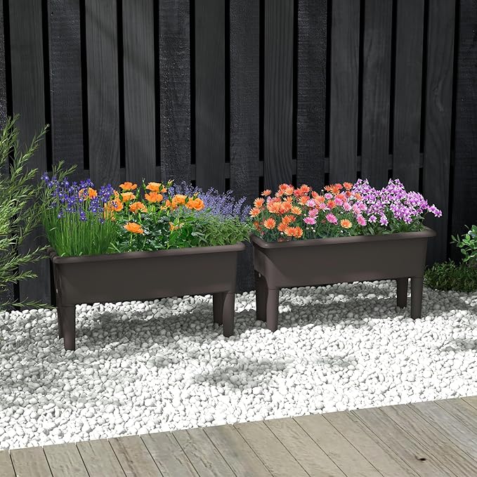 Raised Garden Bed Set of 2 31.5 x 12 x 16 Self-Watering Planter Box w/Removable Legs &amp Drainage Holes Plastic Rectangular Garden Bed for Flowers Herbs Backyard Patio Balcony (Coffee)