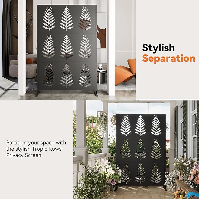 Modern Shade 4x6 FT Metal Privacy Screen with Artistic Modular Designs Decorative Patio Privacy Fence &amp Garden Divider Freestanding Outdoor Metal Fence Panel Weather-Resistant (Tropic Rows)