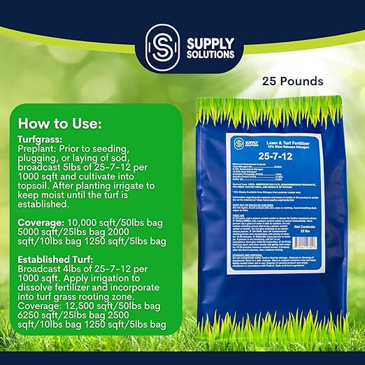Supply Solutions 25-7-12 Lawn and Turf Fertilizer - 15% Slow Release Nitrogen Lawn Fertilizer for All Grass Types Shrubs - Turf Builder Plant Food Covers 6250 sq.ft (25lbs)