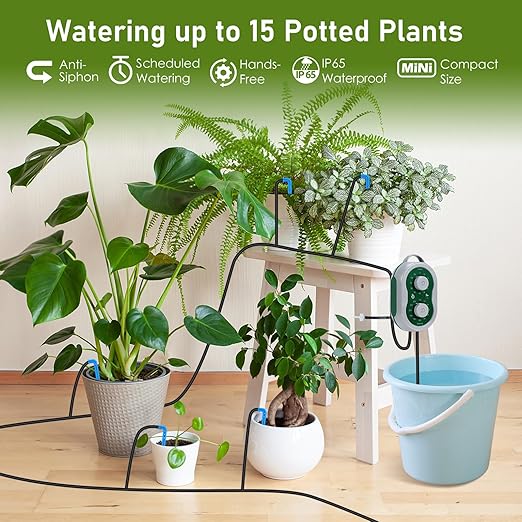 WIOR Automatic Plant Waterer Drip Irrigation System Kit for 15 Potted Plants Indoor Self Watering System Plant Watering Devices with Programmable Water Timer for Garden Balcony Greenhouse Vacation