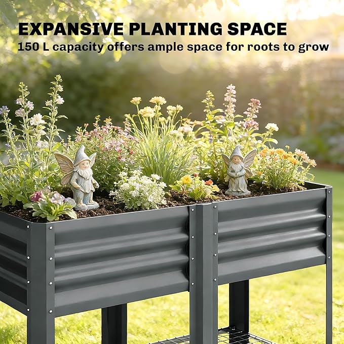 Outsunny Galvanized Steel Raised Garden Bed with Storage Shelf and Bed Liner Elevated Planter Box with Legs for Flowers Vegetables and Herbs for Outdoor Patio Yard Glove Included Dark Gray