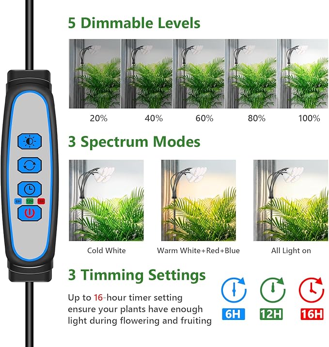 Wolezek Grow Lights for Indoor Plants Full Spectrum with Stand 5-Head 120 LEDs Floor Plant Grow Lamp for Large Plants Auto ON/Off Timer 6/12/16H 5 Dimmable Levels Adjustable Height 16.5-61
