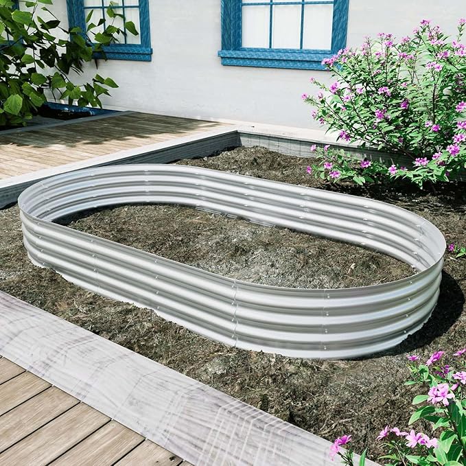 8x4x1ft Heavy Duty Metal Raised Garde Bed Kit Oval Large Metal Planter Boxes for Vegetables/Herbs/Flowers Galvanized Planter Raised Garden Beds for Outdoor with Reinforced Edges (1Pcs 8x4x1ft)