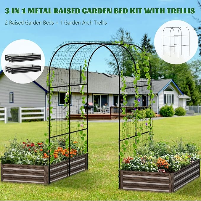 3 in 1 Galvanized Raised Garden Bed with 87 H Arch Trellis for Climbing Plants Outdoor Gardening Planter Box with Climbing Net for Flower Vegetables Fruits Herbs Wood Grain