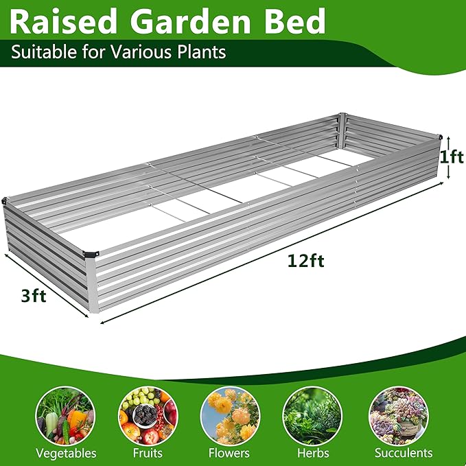 2PCS 12x3x1ft Galvanized Raised Garden Bed KitMetal Planter Box for VegetablesFlowersHerbs Durable Rust-Resistant Patio Gardening BedsSilver