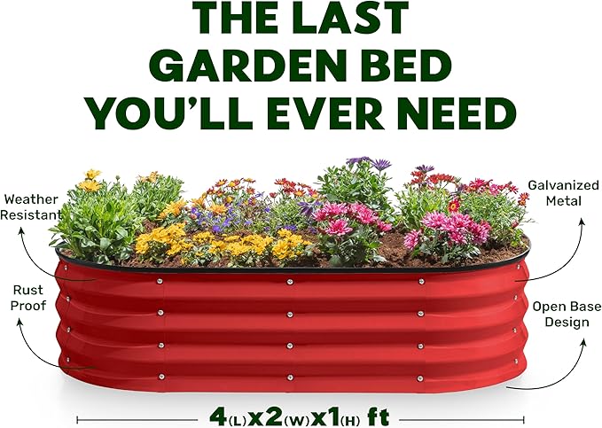 Plant &amp Plot Galvanized Raised Garden Beds Outdoor // 4×2×1 ft Planter Raised Beds for Gardening Vegetables Flowers // Large Metal Garden Box (Red)