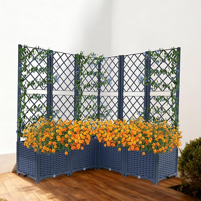 5PCS Garden Planter with Trellis Plastic Plant Box with Drain Holes Standing Raised Bed for Balcony Terrace Backyard Patio Climbing Plant Vegetable Herb Flower (5PCS Blue)