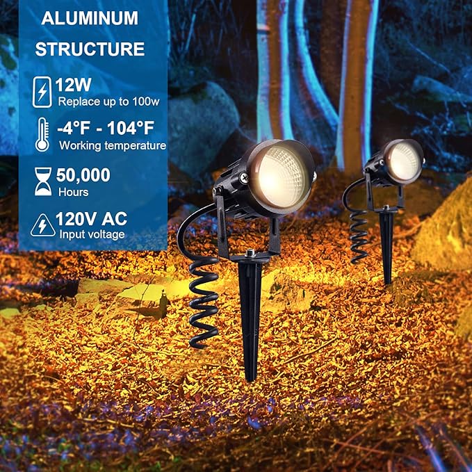 SUNVIE 120V Spot Lights Outdoor LED Landscape Lighting 12W AC Spotlights for Yard Waterproof Landscape Spotlight with Spiked Stake for Tree Garden Pathway Warm White Flag Lights US 3-Plug in 4 Pack