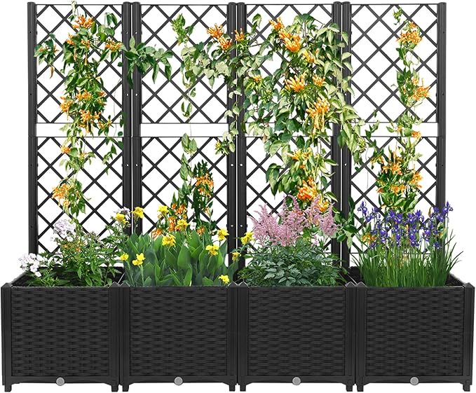 4PCS Garden Planter with Trellis Plastic Plant Box with Drain Holes Standing Raised Bed for Balcony Terrace Backyard Patio Climbing Plant Vegetable Herb Flower (4PCS Black)
