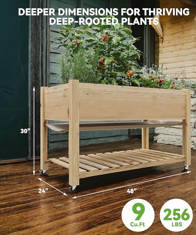 Wooden Plant Bed Raised Garden Bed with Wheels Storage Shelf &amp Protective Liner Mobile Plant Bed for Vegetables Herbs &amp Flowers for Indoor Outdoor Garden Patio Balcony