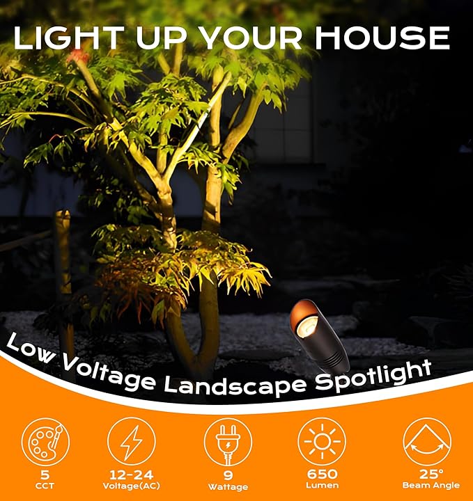 CLOUDY BAY 9W 5CCT LED Landscape Lighting Low Voltage (AC/DC 12V) Outdoor Spotlights with Spike StandWaterproof Pathway Lights2200K/2700K/3000K/4000K/5000K SelectablePack of 4Bronze