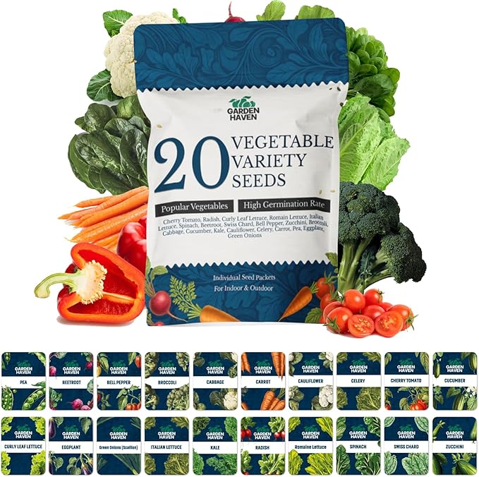 20 Vegetable Seeds Variety Pack - Complete Grow Kit Heirloom Vegetables Indoor Outdoors Vegetable Seeds Tomatos Broccoli Carrots Lettuce &amp More - DIY Starter Kit (Seeds Only)
