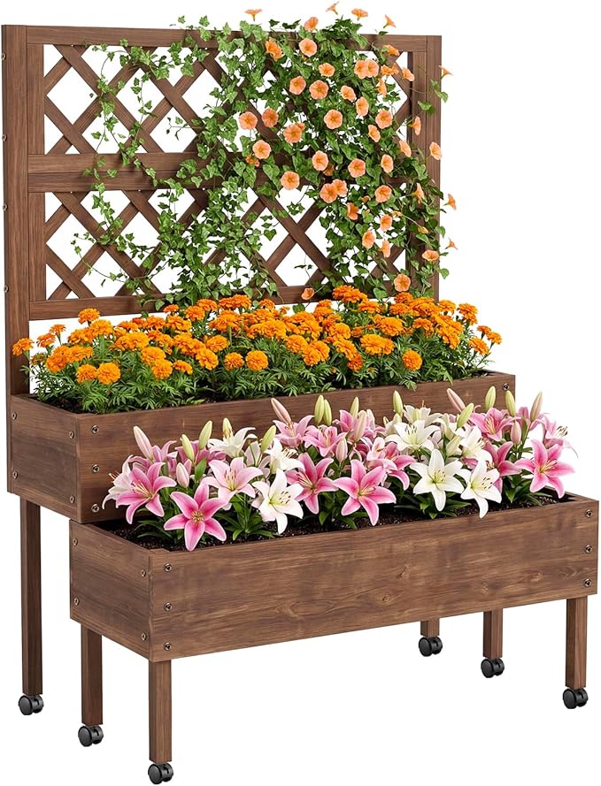 41.93x22.44x54.13 Raised Garden Bed with Trellis 2-Tier Planter Box with Legs Elevated Wood Planter Box Stand for Backyard Patio Balcony with Wheels Drainage Holes Brown