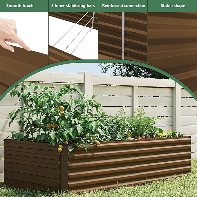 FOOWIN 8x4x2ft Galvanized Raised Garden Bed Planter Raised Garden Boxes Outdoor Large Metal Raised Beds for Gardening Garden Bed for Vegetables Flowers Herb478 Gallon Capacity Brown